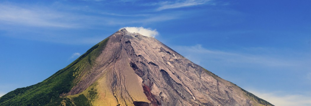 View of Conception Volcano's colorful ash deposits and green slopes, Nicaragua